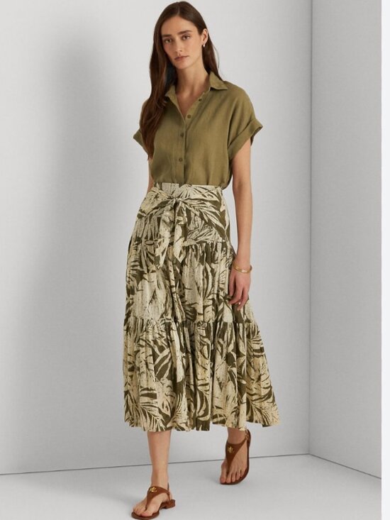 Lauren Ralph Lauren Dresses & Skirts - Lauren Ralph Lauren Tropical Leaf Print Tiered Midi Skirt Sz 10 Tie Waist Resort